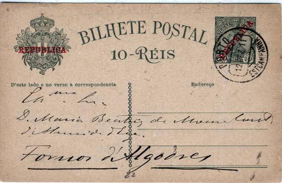 2137.jpg -     Lote:    2137      Lotes pelo Correio      Portugal       Descrição:         1910 &mdash; D. Manuel II com sobrecarga República. OM52, 10 reis verde sobre cartolina camurça, circulado no Porto (12.12.11) para Fornos de Algodres. Carimbo circular datado "PORTO / EST. CAMPANHÃ".        IC       Valor Base:     &euro; 4,00     Valor Venda:     &euro; 4,00     