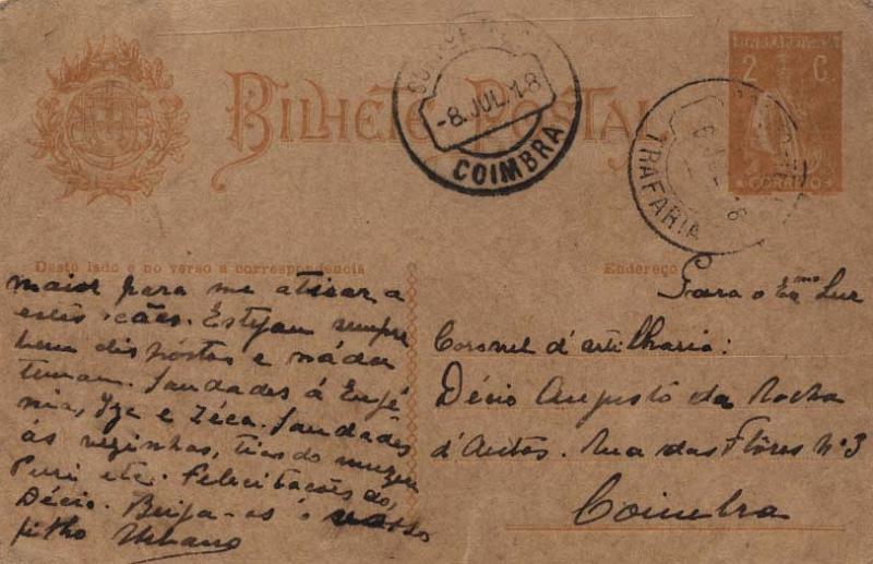 2141.jpg -     Lote:    2141      Lotes pelo Correio      Portugal       Descrição:         1918/20 &mdash; Ceres. Aumento de porte. OM61, 2C ocre sobre cartolina camurça, circulado da Trafaria (06.07.18) para Coimbra (08.07.18).        IC       Valor Base:     &euro; 5,00     Valor Venda:     &euro; 5,00     