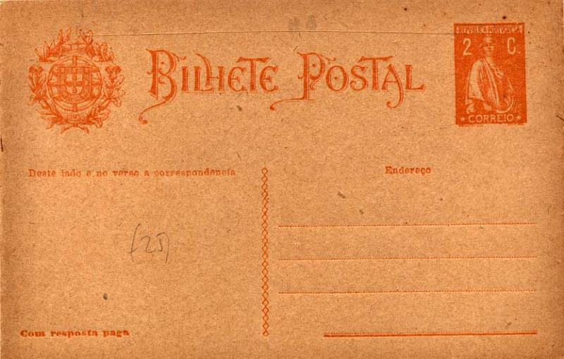 2142.jpg -     Lote:    2142      Lotes pelo Correio      Portugal       Descrição:         1918/20 &mdash; Ceres. Aumento de porte. OM63, 2+2C ocre-laranja sobre cartolina camurça.        IN       Valor Base:     &euro; 12,00     Valor Venda:     Retirado     