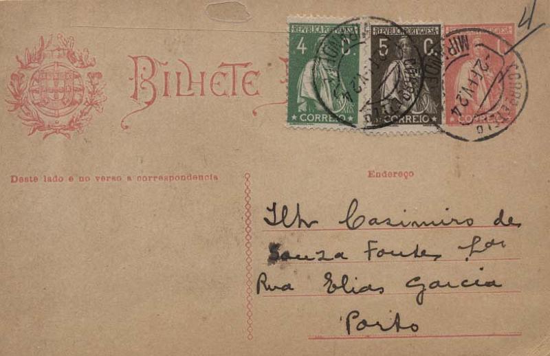 2144.jpg -     Lote:    2144      Lotes pelo Correio      Portugal       Descrição:         192&frac12;2 &mdash; Ceres. OM68, 6C rosa escuro, circulado de Mirandela (02.02.24) para o Porto (04.02.24), com selos adicionais tipo Ceres de 4C verde e 5C sépia CE226 e 252.        IC       Valor Base:     &euro; 4,00     Valor Venda:     &euro; 7,00     