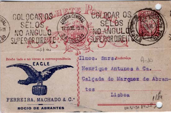 2149.jpg -     Lote:    2149      Lotes pelo Correio      Portugal       Descrição:         1931 &mdash; Lusíadas. OM80, 25c carmim, circulado de Rossio ao Sul do Tejo (16.11.32) para Lisboa (17.11.32). Inteiro repicado por "EAGLE / FERREIRA, MACHADO & C.ª / ROCIO DE ABRANTES". Furos de arquivo.        IC       Valor Base:     &euro; 8,00     Valor Venda:     &euro; 14,00     