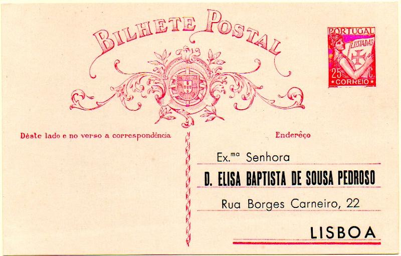 2150.jpg -     Lote:    2150      Lotes pelo Correio      Portugal       Descrição:         1931 &mdash; Lusíadas. OM80, 25C carmim sobre cartolina branca. Repicado por: D. ELISA BAPTISTA DE SOUSA PEDROSO. MB.        IN       Valor Base:     &euro; 10,00     Valor Venda:     Retirado     
