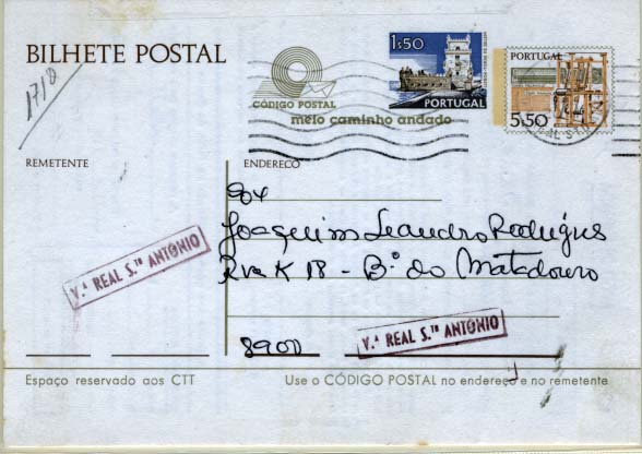 2156.jpg -     Lote:    2156      Lotes pelo Correio      Portugal       Descrição:         Correios Ferroviário. 1979 &mdash; Instrumentos do Trabalho OM170, 5$50, circulado em Vila Real de St.º António (25.01.82), com selo adicional de 1$50 (Paisagens e Monumentos). Inteiro repicado no verso pela Companhia dos Caminhos de Ferro Portugueses (22-066 F90). Na frente e verso carimbos nominativos ferroviários batidos a lilás de VILA REAL DE STO ANTÓNIO.        IC       Valor Base:     &euro; 5,00     Valor Venda:     Retirado     