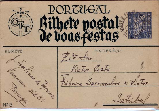 2160.jpg -     Lote:    2160      Lotes pelo Correio      Portugal       Descrição:         1938 &mdash; Boas Festas. Selo Tudo pela Nação. OM88, $25 azul claro. Lote de 2 IPs com os n.ºs 11 e 13.        IC       Valor Base:     &euro; 10,00     Valor Venda:     &euro; 12,00     