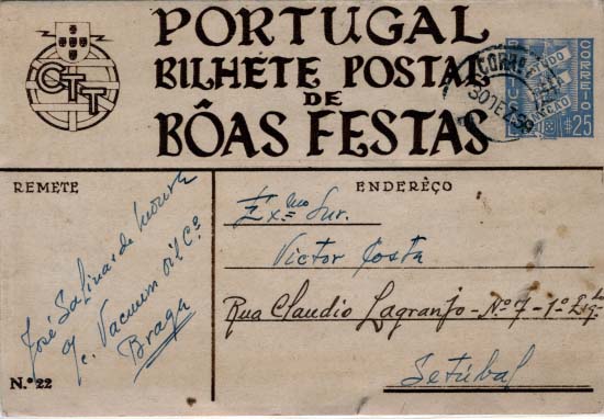 2162.jpg -     Lote:    2162      Lotes pelo Correio      Portugal       Descrição:         1939 &mdash; Boas Festas. Selo Tudo pela Nação. OM89 (n.º 22), $25 azul claro, circulado de Braga (30.12.39) para Setúbal.        IC       Valor Base:     &euro; 5,00     Valor Venda:     &euro; 10,00     