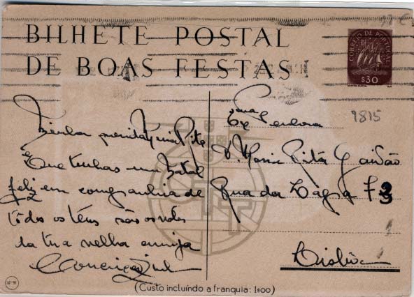 2166.jpg -     Lote:    2166      Lotes pelo Correio      Portugal       Descrição:         1945 &mdash; Boas Festas. Selo tipo Caravela. OM105, $30 castanho (N.º 91 &mdash; Alegoria de Ano Novo) circulado em Lisboa.        IC       Valor Base:     &euro; 5,00     Valor Venda:     &euro; 11,00     