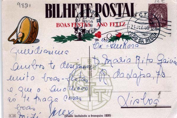 2167.jpg -     Lote:    2167      Lotes pelo Correio      Portugal       Descrição:         1947 &mdash; Boas Festas. Selo tipo Caravela. OM109, $30 castanho (N.º 126 &mdash; O Zé Pereira), circulado de Peso da Régua (24.12.50) para Lisboa.        IC       Valor Base:     &euro; 5,00     Valor Venda:     &euro; 9,00     