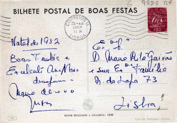 2168.jpg -     Lote:    2168      Lotes pelo Correio      Portugal       Descrição:         1947 &mdash; Boas Festas. Selo tipo Caravela. OM120, $50 lilás-rosa (N.º 153 &mdash; A Virgem e o Menino), circulado em Lisboa (25.12.52).        IC       Valor Base:     &euro; 5,00     Valor Venda:     &euro; 11,00     