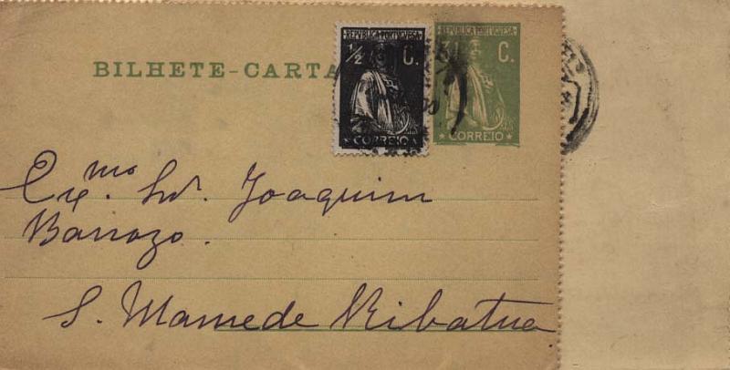 2177.jpg -     Lote:    2177      Lotes pelo Correio      Portugal       Descrição:         1912 &mdash; Ceres. Bilhetes-Cartas. OM17, 2 &frac12; c + OM30, 3 &frac12; c com selo adicional de &frac12; c tipo Ceres. Ambos circulados.        IC       Valor Base:     &euro; 5,00     Valor Venda:     Retirado     