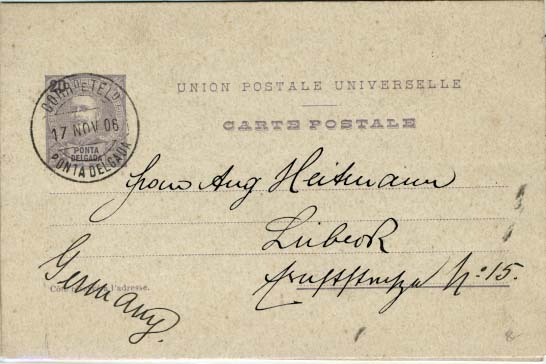 2179.jpg -     Lote:    2179      Lotes pelo Correio      Açores       Descrição:         1884/95 &mdash; D. Luís de frente, com sobrecarga Açores + D. Carlos I tipo Mouchon (Ponta Delgada). Lote de dois inteiros: OM16, 20+20 reis em novo e OM8, 20 reis circulado de Ponta Delgada (17.11.06) para a Alemanha.        Lote       Valor Base:     &euro; 6,00     Valor Venda:     &euro; 6,00     