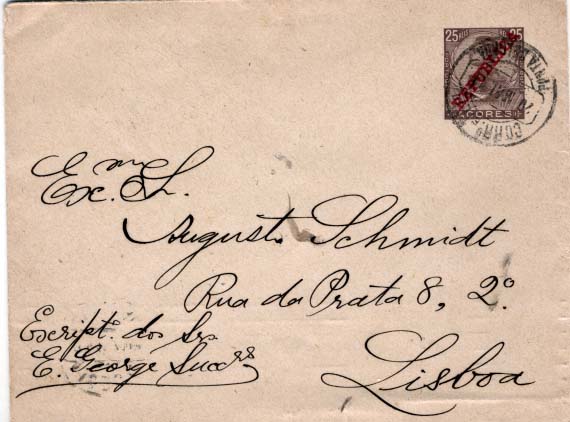 2180.jpg -     Lote:    2180      Lotes pelo Correio      Açores       Descrição:         1911 &mdash; D. Manuel II com sobrecarga REPUBLICA. OM9, 25 reis castanho, circulado de Ponta Delgada (20.05.12) para Lisboa (25.05.12).        IC       Valor Base:     &euro; 8,00     Valor Venda:     Retirado     
