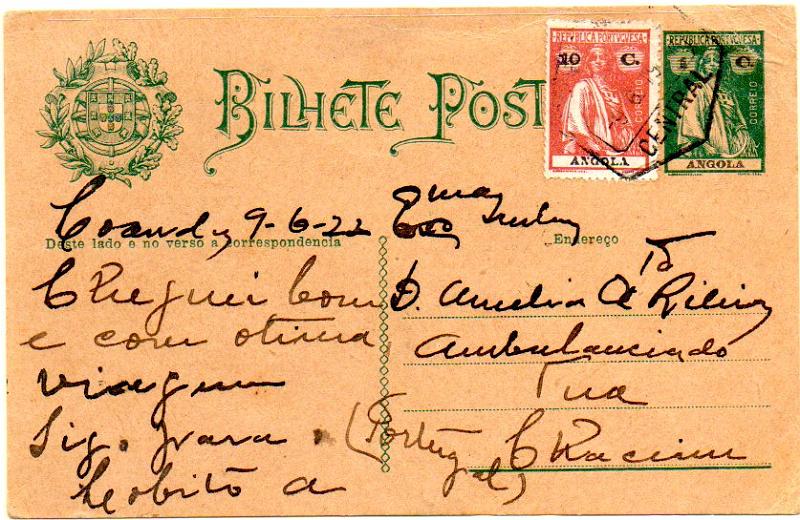 2181.jpg -     Lote:    2181      Lotes pelo Correio      Angola       Descrição:         1914 &mdash; Ceres. OM14, 1C verde, circulado de Luanda (09.06.22) para Chacim com selo adicional de 10c tipo Ceres CE151.        IC       Valor Base:     &euro; 6,00     Valor Venda:     &euro; 6,00     