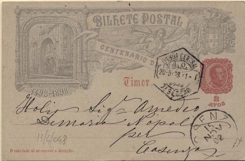2184.jpg -     Lote:    2184      Lotes pelo Correio      Timor       Descrição:         1898 &mdash; 4.º Centenário do Descobrimento do Caminho Marítimo para a Índia. OM2, 2 avos. Inteiro utilizado como postal ilustrado para Itália. Obliteração de favor de Lisboa.        IC       Valor Base:     &euro; 10,00     Valor Venda:     &euro; 10,00     