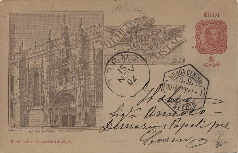 2185.jpg -     Lote:    2185      Lotes pelo Correio      Timor       Descrição:         1898 &mdash; 4.º Centenário do Descobrimento do Caminho Marítimo para a Índia. OM2, 2 avos. Inteiro utilizado como postal ilustrado para Itália. Obliteração de favor de Lisboa.        IC       Valor Base:     &euro; 10,00     Valor Venda:     &euro; 21,00     