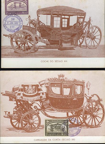 2195.jpg -     Lote:    2195      Lotes pelo Correio             Descrição:         1952 &mdash; Museu Nacional dos Coches. CE74&frac14;3 e 745. Lote de 4 postais máximos (um por cada selo), obliterados com carimbo comemorativo do 1.º dia de circulação * SIR (08.01.52).        PM       Valor Base:     &euro; 7,00     Valor Venda:     Retirado     