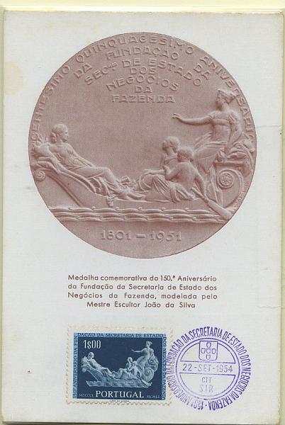 2197.jpg -     Lote:    2197      Lotes pelo Correio             Descrição:         1954 &mdash; 150 Anos da Fundação da Secretaria de Estado dos Negócios da Fazenda. CE794/795. Lote de dois postais máximos (um por cada selo), obliterados com o carimbo comemorativo do 1.º dia de circulação * SIR (22.09.54).        PM       Valor Base:     &euro; 3,00     Valor Venda:     Retirado     