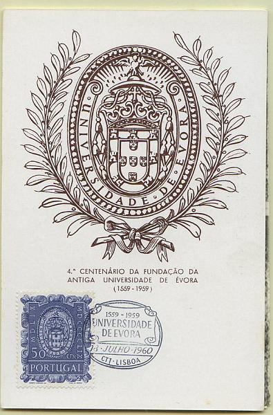 2200.jpg -     Lote:    2200      Lotes pelo Correio             Descrição:         4.º Centenário da Fundação da Universidade de Évora. CE858/59. Lote de 3 postais máximos: dois com CE858 (postais diferentes) e um com CE859, obliterados com carimbos comemorativos do 1.º dia de circulação de Évora (18.07.60).        PM       Valor Base:     &euro; 5,00     Valor Venda:     Retirado     