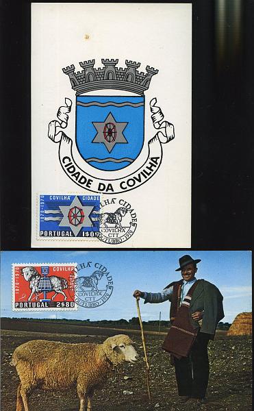 2205.jpg -     Lote:    2205      Lotes pelo Correio             Descrição:         1970 &mdash; 1.º Centenário da Covilhã Cidade. CE1079/80. Dois postais máximos (um por cada selo) com postal concordante, obliterados com carimbo comemorativo do 1.º dia de circulação * Covilhã (07.10.70).        PM       Valor Base:     &euro; 5,00     Valor Venda:     Retirado     