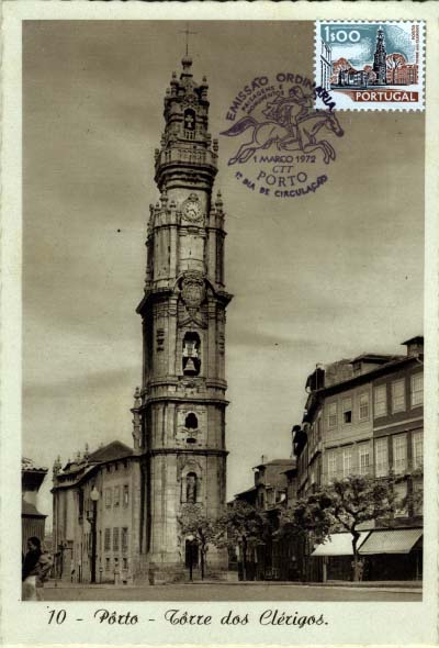 2209.jpg -     Lote:    2209      Lotes pelo Correio             Descrição:         Torre dos Clérigos. Postal ilustrado concordante com selo de 1$00 Paisagens e Monumentos CE1130, obliterados com carimbo de 1.º dia de circulação de Porto (01.03.72).        PM       Valor Base:     &euro; 8,00     Valor Venda:     Retirado     
