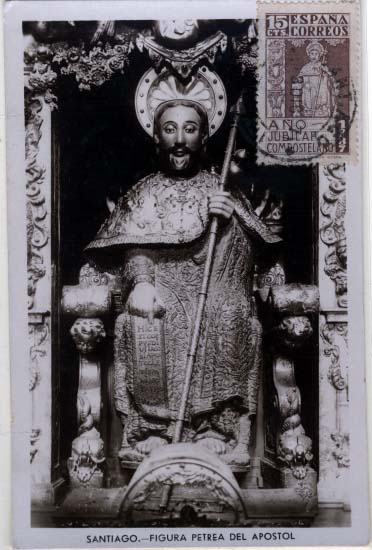 2218.jpg -     Lote:    2218      Lotes pelo Correio             Descrição:      Espanha.   Postal ilustrado concordante com selo de 15c ilustrados com a Figura Preta do Apostolo, obliterados com carimbo de Santiago de Compostela.        PM       Valor Base:     &euro; 6,00     Valor Venda:     &euro; 10,00     