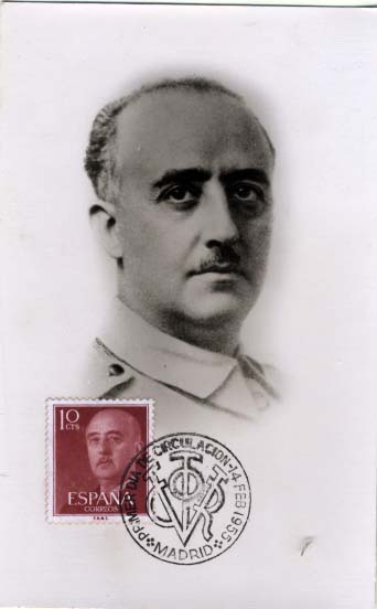 2220.jpg -     Lote:    2220      Lotes pelo Correio             Descrição:      Espanha. General Franco.     Postal ilustrado com selo de 10c concordantes com a efígie de Franco, obliterados com carimbo de 1.º dia de circulação de Madrid (14.02.55).        PM       Valor Base:     &euro; 6,00     Valor Venda:     Retirado     