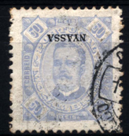 0003.jpg -     Lote:    3      Colecção Império      Companhia do Niassa       Descrição:         1898 &mdash; D. Carlos I. Selos de Moçambique com sobrecarga NYASSA. CE7, 50 reis azul claro, denteado 11 &frac12;, papel pontinhado, com a sobrecarga invertida. B e R.         O       Valor Base:     &euro; 25,00     Valor Venda:     &euro; 160,00     