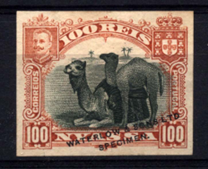 0007.jpg -     Lote:    7      Colecção Império      Companhia do Niassa       Descrição:         1901 &mdash; D. Carlos I (Girafa e Camelos). Prova de cor não denteada do selo de 100 reis em castanho-amarelo, com sobrecarga oblíqua a preto "WATERLOW & SONS LTD / SPECIMEN.         PRV       Valor Base:     &euro; 15,00     Valor Venda:     &euro; 32,00     