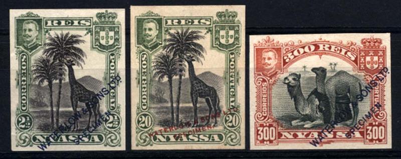 0008.jpg -     Lote:    8      Colecção Império      Companhia do Niassa       Descrição:         1901 &mdash; D. Carlos I (Girafa e Camelos). Lote de 3 provas de cor não denteadas dos selos de 2 &frac12; reis em verde, 20 reis verde-amarelo e 300 reis em castanho-amarelo, com sobrecargas oblíquas a preto e vermelho "WATERLOW & SONS LTD / SPECIMEN. MB.         PRV       Valor Base:     &euro; 30,00     Valor Venda:     &euro; 85,00     