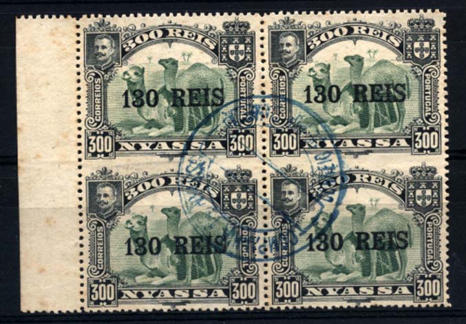 0025.jpg -     Lote:    25      Colecção Império      Companhia do Niassa       Descrição:         1903 &mdash; D. Carlos I. Selos de 1901 com sobretaxa, tipografada a preto em Londres. CE42, 130 s/ 300 reis verde. Quadra, não denteada horizontalmente ao centro. MB e MR.         O       Valor Base:     &euro; 75,00     Valor Venda:     Retirado     
