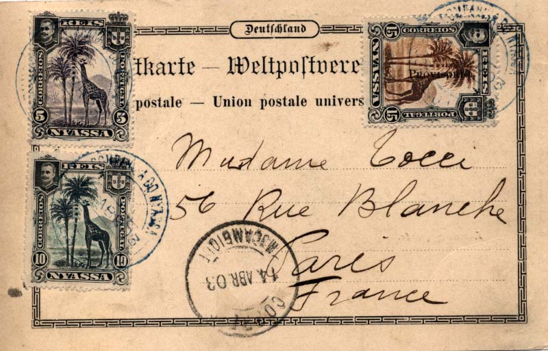 0031.jpg -     Lote:    31      Colecção Império      Companhia do Niassa       Descrição:         1901/1903 &mdash; D. Carlos I (girafa e camelos) + D. Carlos I. Selos de 1901 com sobrecarga "PROVISÓRIO", tipografada a preto localmente. Postal ilustrado circulado do Ibo (03.04.03) para Paris com trânsito por Moçambique (14.04.03) e franquiado com selos de 5 e 10 reis CE28/29 e selos de 15 reis CE48. MB e MR.         PI       Valor Base:     &euro; 1200,00     Valor Venda:     &euro; 2200,00     