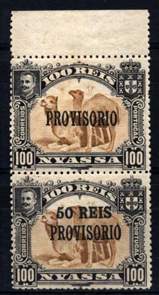 0032.jpg -     Lote:    32      Colecção Império      Companhia do Niassa       Descrição:         1910 &mdash; D. Carlos I. Selos de 1901 com sobretaxa e sobrecarga "PROVISÓRIO". CE51, 50 s/ 100 reis bistre. Par vertical bordo superior de folha. Primeiro selo sem impressão da sobretaxa. MB e MR.         ***/**       Valor Base:     &euro; 50,00     Valor Venda:     &euro; 85,00     