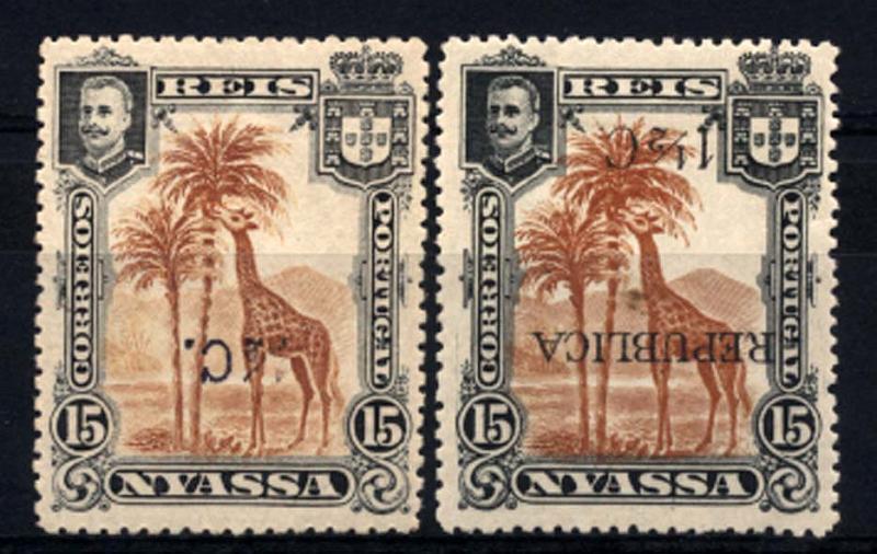 0042.jpg -     Lote:    42      Colecção Império      Companhia do Niassa       Descrição:         1918 &mdash; D. Carlos I, com sobretaxa e sobrecarga "REPUBLICA", tipografadas localmente a preto. CE67. 1 &frac12; C s/ 15 reis castanho amarelo. Lote de dois selos: um com sobrecarga e sobretaxa invertidas e outro com sobretaxa invertida (deficiente impressão) e sem impressão da sobrecarga. MB e MR.         **       Valor Base:     &euro; 30,00     Valor Venda:     &euro; 50,00     