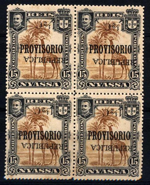 0044.jpg -     Lote:    44      Colecção Império      Companhia do Niassa       Descrição:         1918 &mdash; D. Carlos I, com sobretaxa e sobrecarga "REPUBLICA", tipografadas localmente a preto. CE68. 1 &frac12; C s/ 15 reis castanho amarelo. Quadra com a sobrecarga e sobretaxa invertidas. Pontos de óxido no verso. Lote a ver.         ***/**       Valor Base:     &euro; 30,00     Valor Venda:     &euro; 80,00     