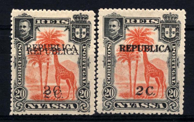 0046.jpg -     Lote:    46      Colecção Império      Companhia do Niassa       Descrição:         1918 &mdash; D. Carlos I, com sobretaxa e sobrecarga "REPUBLICA", tipografadas localmente a preto. CE69, 2C s/ 20 reis vermelho. Lote de dois selos com dupla impressão da sobrecarga e sobretaxa.         **       Valor Base:     &euro; 25,00     Valor Venda:     &euro; 42,00     