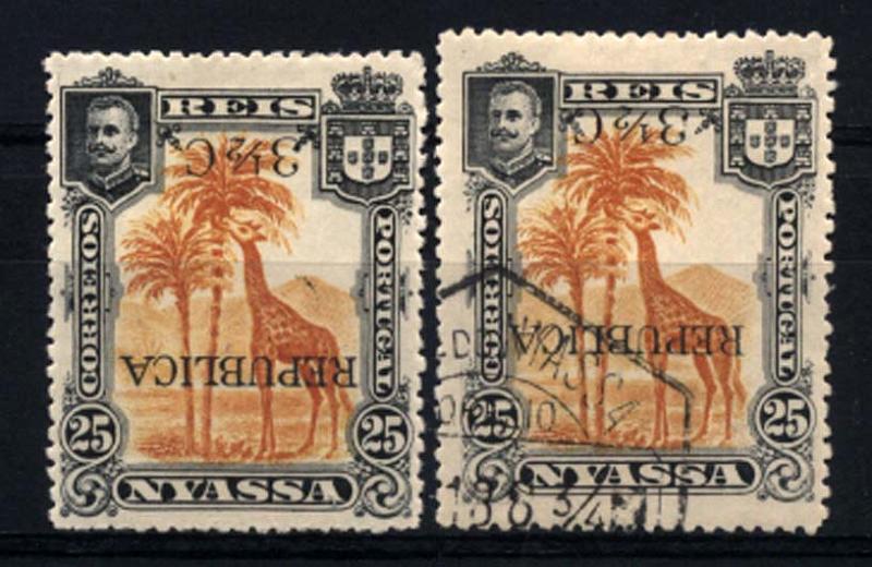 0047.jpg -     Lote:    47      Colecção Império      Companhia do Niassa       Descrição:         1918 &mdash; D. Carlos I, com sobretaxa e sobrecarga "REPUBLICA", tipografadas localmente a preto. CE70, 3 &frac12; C s/ 25 reis laranja. Lote de dois selos, um novo e outro usado, impressão invertida da sobrecarga e sobretaxa. Valor de catálogo &euro; 55,00.         **/O       Valor Base:     &euro; 25,00     Valor Venda:     &euro; 60,00     