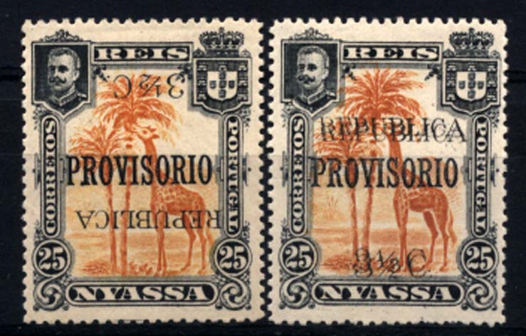 0050.jpg -     Lote:    50      Colecção Império      Companhia do Niassa       Descrição:         1918 &mdash; D. Carlos I, com sobretaxa e sobrecarga "REPUBLICA", tipografadas localmente a preto. CE71, 3 &frac12; C s/ 25 reis laranja. Lote de dois selos: um com dupla impressão e outro com impressão invertida das sobrecargas e sobretaxas.         **       Valor Base:     &euro; 25,00     Valor Venda:     &euro; 55,00     