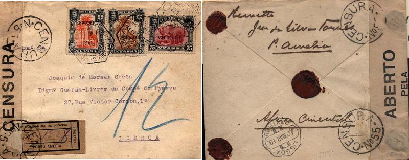 0053.jpg -     Lote:    53      Colecção Império      Companhia do Niassa       Descrição:         1918 &mdash; D. Carlos I, com sobretaxa e sobrecarga REPUBLICA. Sobrescrito circulado registado de Porto Amélia (31.12.18) para Lisboa (12.03.19) com selos de 2C s/ 20 reis CE69, 1 &frac12; C s/ 15 reis CE67 e 7 &frac12;C s/ 75 reis CE73. Selos CE67 e CE73 com a sobretaxa e sobrecargas invertidas. Sobrescrito censurado em Lisboa com cinta e carimbo de censura. MB e MR.         Carta       Valor Base:     &euro; 1200,00     Valor Venda:     &euro; 3000,00     