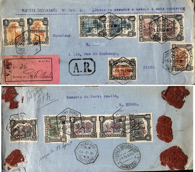 0055.jpg -     Lote:    55      Colecção Império      Companhia do Niassa       Descrição:         1911/18 &mdash; D. Carlos I, com sobretaxa e sobrecarga "REPUBLICA", tipografadas localmente a preto + D. Manuel II com sobrecarga REPUBLICA. Valor declarado de 60,40 F (19$32) circulado de Porto Amélia (05.08.19) para Paris, com trânsito por Lisboa (09.09.19) e Madrid (11.09.19) com selos CE52 (2), CE53 (2), CE53, CE70, CE71, CE72 (2) CE74 (2), CE75 e CE76. MB e MR.         Carta       Valor Base:     &euro; 750,00     Valor Venda:     &euro; 2200,00     