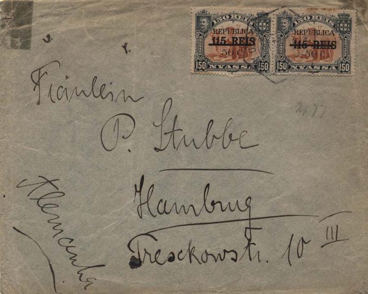 0057.jpg -     Lote:    57      Colecção Império      Companhia do Niassa       Descrição:         1918/23 &mdash; D. Carlos I, com sobretaxa e sobrecarga "REPUBLICA", tipografadas localmente a preto. Sobrescrito circulado de Porto Amélia (??.09.23) para Hamburgo com par de selos de 50C s/ 115 reis s/ 150 reis, castanho laranja CE80. Pequenos defeitos. MR.         Carta       Valor Base:     &euro; 300,00     Valor Venda:     Retirado     