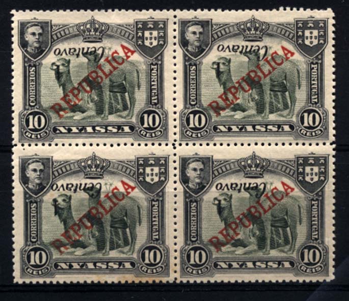 0066.jpg -     Lote:    66      Colecção Império      Companhia do Niassa       Descrição:         1921 &mdash; D. Manuel II, com sobretaxa, tipografadas em Londres. CE96, 1C s/ 10 reis verde. Quadra com a impressão invertida da sobretaxa. MB.         ***/**       Valor Base:     &euro; 30,00     Valor Venda:     &euro; 50,00     