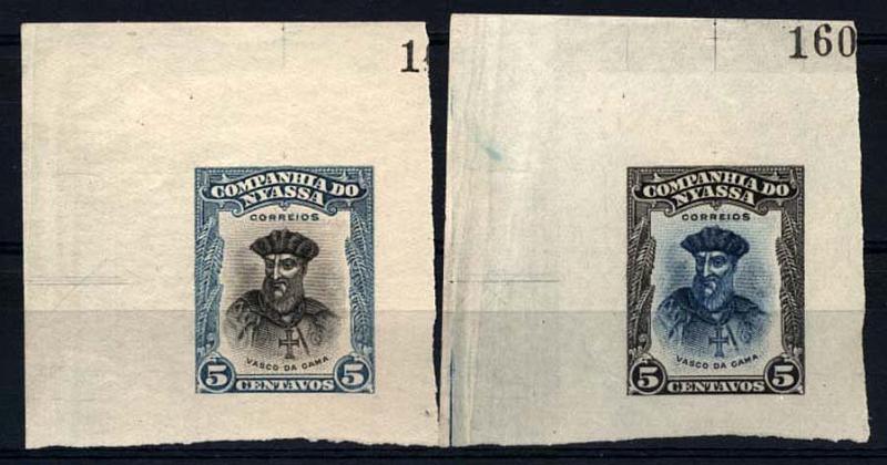 0070.jpg -     Lote:    70      Colecção Império      Companhia do Niassa       Descrição:         192&frac12;3 &mdash; Motivos diversos. Lote de 2 provas de cor, em papel liso, da taxa de 5 c, motivo "Vasco da Gama", com largas margens, em azul claro e preto e preto e azul escuro. MB e MR.         PRV       Valor Base:     &euro; 100,00     Valor Venda:     &euro; 360,00     