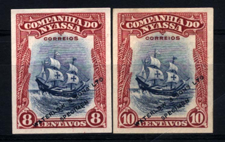 0074.jpg -     Lote:    74      Colecção Império      Companhia do Niassa       Descrição:         192&frac12;3 &mdash; Motivos diversos. CE116/117, 8C e 10C. Lote de duas provas, motivo "Caravela", não denteadas, em carmim e azul (cores não aprovadas), com a sobrecarga a preto "WATERLOW & SONS, LTD / SPECIMEN". MB e R.         PRV       Valor Base:     &euro; 20,00     Valor Venda:     &euro; 55,00     