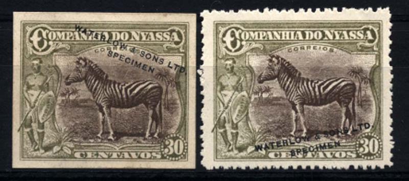 0075.jpg -     Lote:    75      Colecção Império      Companhia do Niassa       Descrição:         192&frac12;3 &mdash; Motivos diversos. CE120, 30C. Lote de duas provas, motivo "Zebra", uma não denteada e outra denteada, em verde e castanho (cores não aprovadas), com a sobrecarga a preto "WATERLOW & SONS, LTD / SPECIMEN". MB e R.         PRV       Valor Base:     &euro; 20,00     Valor Venda:     &euro; 65,00     