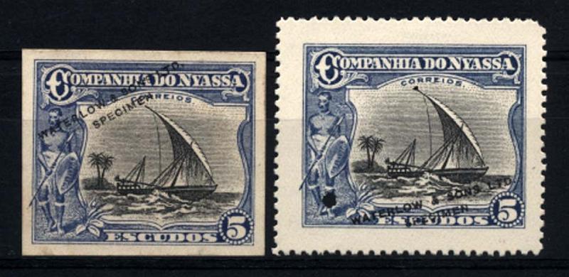 0079.jpg -     Lote:    79      Colecção Império      Companhia do Niassa       Descrição:         192&frac12;3 &mdash; Motivos diversos. CE125, 5E. Lote de duas provas, uma denteada e outra não denteada, nas cores azul e preto com sobrecarga a preto "WATERLOW & SONS, LTD / SPECIMEN".         PRV       Valor Base:     &euro; 20,00     Valor Venda:     &euro; 55,00     
