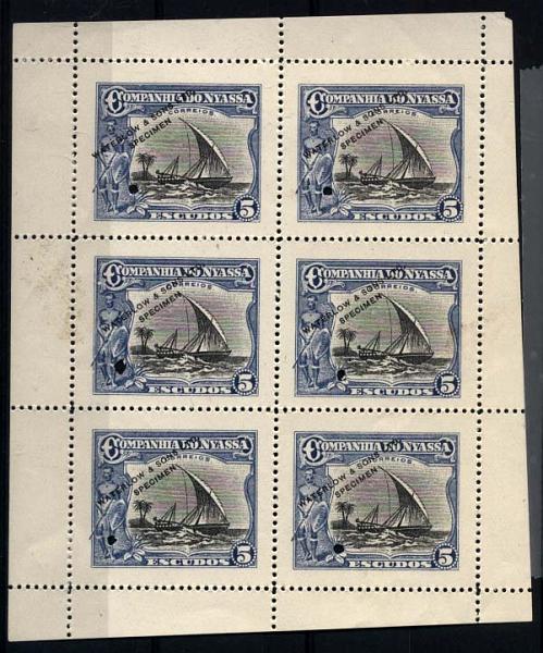 0080.jpg -     Lote:    80      Colecção Império      Companhia do Niassa       Descrição:         192&frac12;3 &mdash; Motivos diversos. CE125, 5E. Mini-folha com 6 provas denteadas nas cores azul e preto com sobrecarga a preto "WATERLOW & SONS, LTD / SPECIMEN". MB e MR.         PRV       Valor Base:     &euro; 50,00     Valor Venda:     &euro; 200,00     
