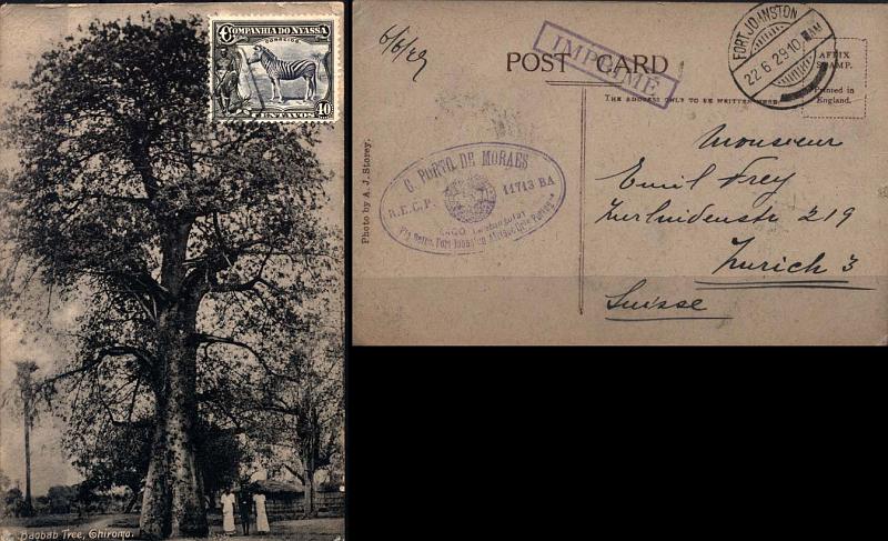 0089.jpg -     Lote:    89      Colecção Império      Companhia do Niassa       Descrição:         192&frac12;3 &mdash; Motivos diversos. Postal ilustrado circulado de Lago (17.06.29) para a Suíça, com trânsito por Fort Johnston (22.06.29), com selo de 40C preto e azul escuro, CE121.         PI       Valor Base:     &euro; 150,00     Valor Venda:     Retirado     