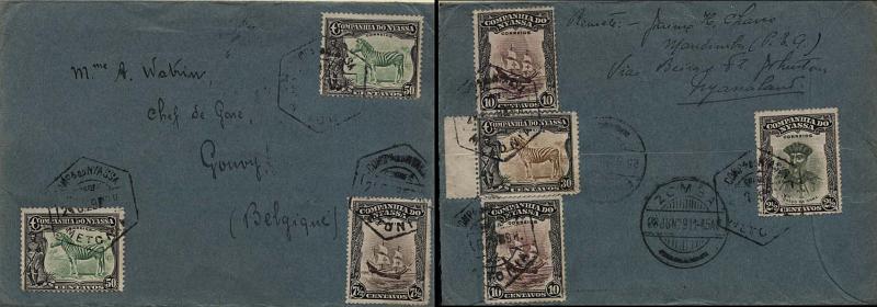 0092.jpg -     Lote:    92      Colecção Império      Companhia do Niassa       Descrição:         192&frac12;3 - Motivos diversos. Sobrescrito circulado de Metónia (21.06.29) para a Bélgica, com trânsito por Fort Johnston (25.08.29) e Zomba (28.06.29), com selos de 2 &frac12; C, 7 &frac12; C, 2x10C, 30C e 2x50C, CE111, 115, 117,120 e 122, perfazendo o porte de 1$60. MB e MR.         Carta       Valor Base:     &euro; 250,00     Valor Venda:     &euro; 260,00     