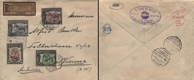 0093.jpg -     Lote:    93      Colecção Império      Companhia do Niassa       Descrição:         192&frac12;3 &mdash; Motivos diversos. Sobrescrito circulado registado do Lago (26.01.28) para a Áustria, com trânsito por Fort Johnston (10.02.28), Zomba (15.02.28) e Londres (22.03.28), com selos de 10C, 40C, 50C e 1E, CE117, 121, 122 e 123. MB e MR.         Carta       Valor Base:     &euro; 250,00     Valor Venda:     &euro; 600,00     