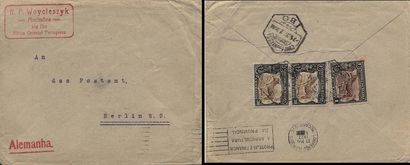 0094.jpg -     Lote:    94      Colecção Império      Companhia do Niassa       Descrição:         192&frac12;3 &mdash; Motivos diversos. Sobrescrito circulado do Ibo (07.05.27) para Berlim com trânsito por Lourenço Marques (27.05.27) com selos de 2x30C e 1E, perfazendo o 1.ºporte para países estrangeiros, CE120 e 123. Obliteração mecânica com flâmula de L. Marques. B.         Carta       Valor Base:     &euro; 125,00     Valor Venda:     Retirado     
