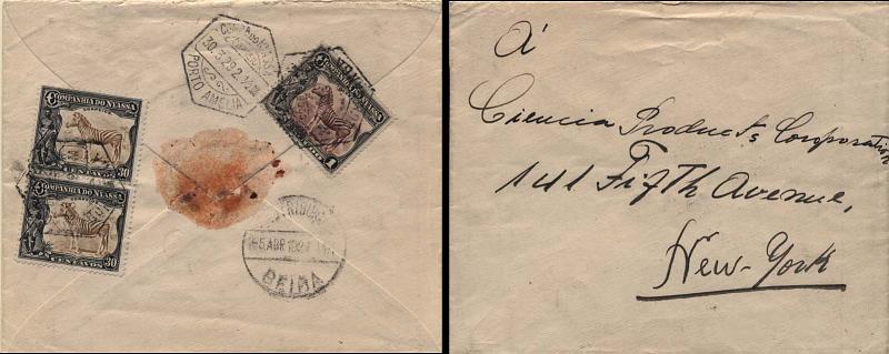 0095.jpg -     Lote:    95      Colecção Império      Companhia do Niassa       Descrição:         192&frac12;3 &mdash; Motivos diversos. Sobrescrito circulado de Porto Amélia (30.03.29) para Nova York, com trânsito pela Beira (05.04.29) com selos de 2x30C e 1E, perfazendo o 1.ºporte para países estrangeiros, CE120 e 123. Carimbo circular batido a preto "DISTRIBUIÇÃO / BEIRA". B.         Carta       Valor Base:     &euro; 125,00     Valor Venda:     Retirado     